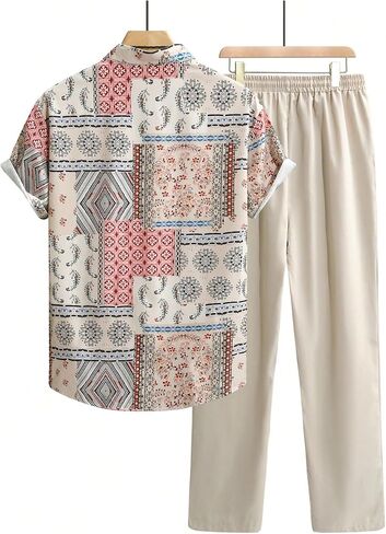 OYOANGLE Men's 2 Piece Outfits Paisley Print Button Down Short Sleeve Shirt and Drawstring Pants Set Resort Wear in Saudi Arabia