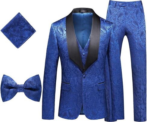 MOGU Mens 3 Piece Tuxedo Slim Fit Jacquard Floral Vintage Groomsmen Wedding Prom Suit in Saudi Arabia