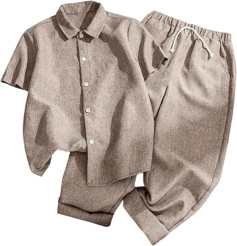 SweatyRocks Boy's Two Piece Summer Outfits Linen Set Short Sleeve Button Down Shirt and Pant Sets in Saudi Arabia