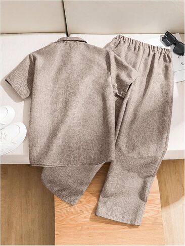SweatyRocks Boy's Two Piece Summer Outfits Linen Set Short Sleeve Button Down Shirt and Pant Sets in Saudi Arabia