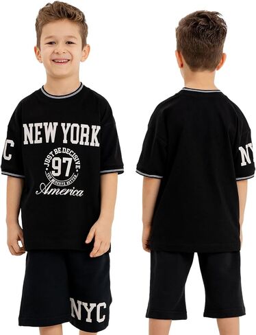 Boys Casual Outfits Cotton T Shirt Short Trendy Boys Summer Set Vibrant New York Print in Saudi Arabia