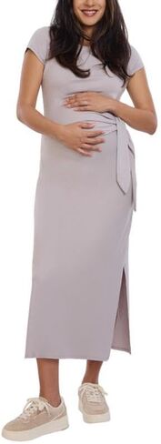 Motherhood Maternity Women's Short Sleeve Crew Neck Side Tie Detail Midi Casual Pregnancy Dress in Kuwait