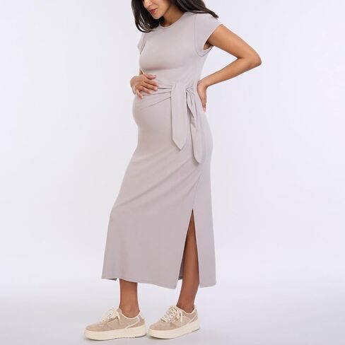 Motherhood Maternity Women's Short Sleeve Crew Neck Side Tie Detail Midi Casual Pregnancy Dress in Kuwait