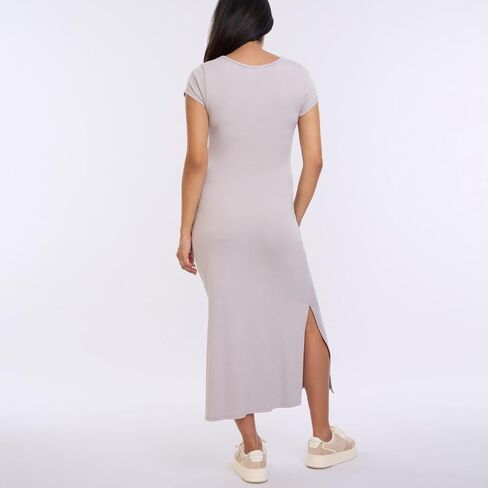 Motherhood Maternity Women's Short Sleeve Crew Neck Side Tie Detail Midi Casual Pregnancy Dress in Kuwait