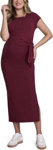 Motherhood Maternity Women's Short Sleeve Crew Neck Side Tie Detail Midi Casual Pregnancy Dress in Kuwait