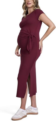 Motherhood Maternity Women's Short Sleeve Crew Neck Side Tie Detail Midi Casual Pregnancy Dress in Kuwait