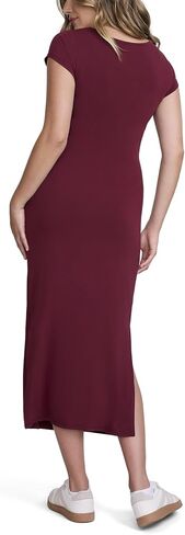 Motherhood Maternity Women's Short Sleeve Crew Neck Side Tie Detail Midi Casual Pregnancy Dress in Kuwait