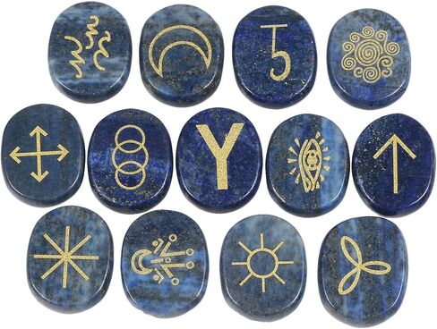 Amogeeli Lapis Lazuli Witch Runes Set of 13pcs, Gypsy Symbol Engraved Pocket Crystal for Divination in Saudi Arabia