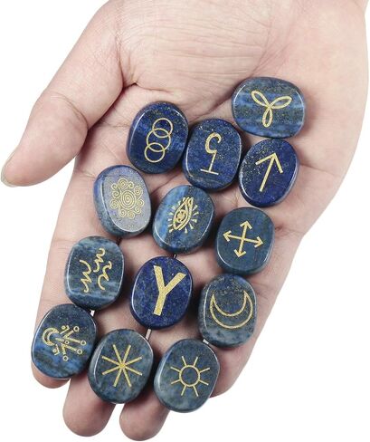 Amogeeli Lapis Lazuli Witch Runes Set of 13pcs, Gypsy Symbol Engraved Pocket Crystal for Divination in Saudi Arabia