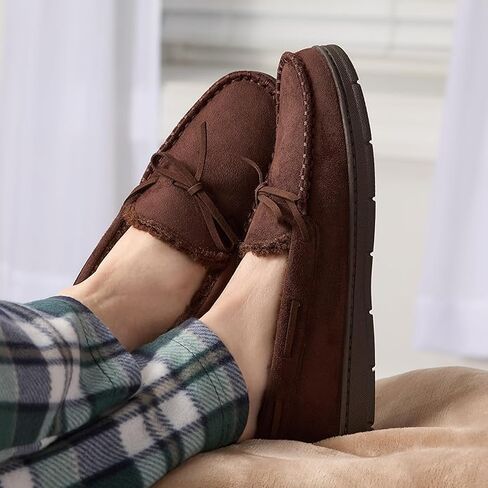 Fruit of the Loom Men's Moccasin, Indoor/Outdoor Slipper, Memory Foam, Sherpa Lined, Large, Brown in Kuwait