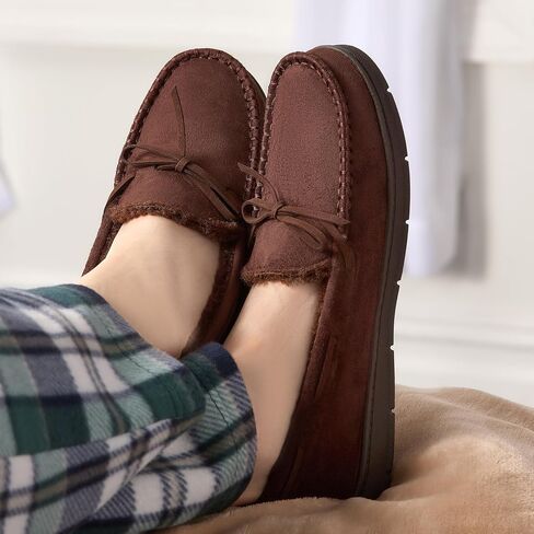Fruit of the Loom Men's Moccasin, Indoor/Outdoor Slipper, Memory Foam, Sherpa Lined, Large, Brown in Kuwait