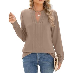Zeagoo Womens Long Sleeve Tops Henley V Neck Shirts Pleated Blouses Dressy Casual Fall Loose Tunic Tops 2025 Basic Tees in Kuwait