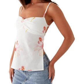 Y2K السباغيتي حزام المحاصيل القمم خمر الأزهار الجمالية كامي تانك القمم في سن المراهقة لطيف الصيف العصرية سكوب الرقبة الخروج القمم in Kuwait