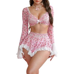 MakeMechic Women's 3 قطع الملابس الداخلية يضع Cherry Heart Bow أعلى محصول الأكمام الطويلة والثونغ مع تنورة صغيرة in Kuwait