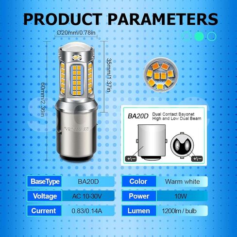 SOFOC-BA20D LED Bulbs High/Low Beam,Warm White DRLs 1200Lm Dual Contact 12V 24V AC10V-30V Compatible 10W 1Pcs in Saudi Arabia