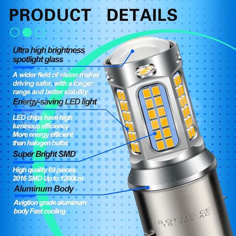 SOFOC-BA20D LED Bulbs High/Low Beam,Warm White DRLs 1200Lm Dual Contact 12V 24V AC10V-30V Compatible 10W 1Pcs in Saudi Arabia