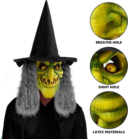 إبداعات spooktacular alcary مخيفة الساحرة ، قناع الوجه الزاحف اللاتكس مع الشعر الأسود قبعة للبالغين هالوين الرعب إكسسوارات الأزياء ، in Saudi Arabia