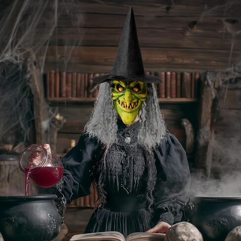 إبداعات spooktacular alcary مخيفة الساحرة ، قناع الوجه الزاحف اللاتكس مع الشعر الأسود قبعة للبالغين هالوين الرعب إكسسوارات الأزياء ، in Saudi Arabia