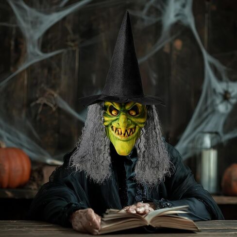 إبداعات spooktacular alcary مخيفة الساحرة ، قناع الوجه الزاحف اللاتكس مع الشعر الأسود قبعة للبالغين هالوين الرعب إكسسوارات الأزياء ، in Saudi Arabia