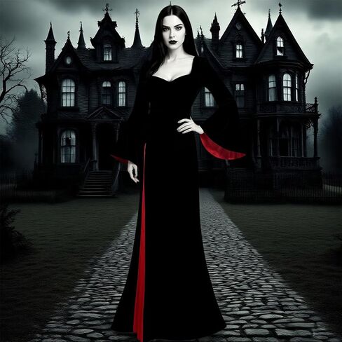 Halloween Costume Women, Black Gothic Maxi Gown, Long Sleeve Black Dress for Halloween Vampire Witch Cosplay Outfit in Saudi Arabia