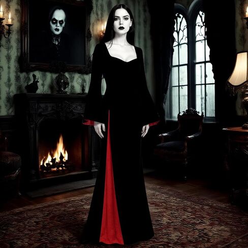 Halloween Costume Women, Black Gothic Maxi Gown, Long Sleeve Black Dress for Halloween Vampire Witch Cosplay Outfit in Saudi Arabia