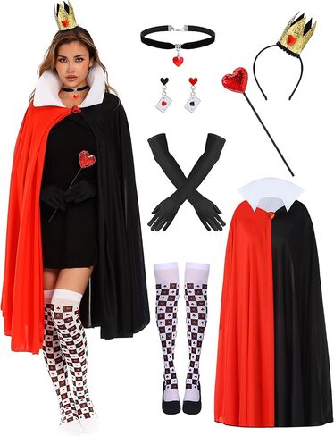 Halloween Queen Costume Set Include Black Red Cape Black Gloves Queen Crown Wand Stockings Earrings and Red Heart Necklace for Women Halloween Costume Fancy Dress Up in Kuwait