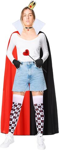 Halloween Queen Costume Set Include Black Red Cape Black Gloves Queen Crown Wand Stockings Earrings and Red Heart Necklace for Women Halloween Costume Fancy Dress Up in Kuwait
