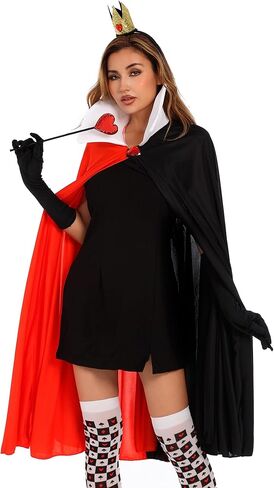 Halloween Queen Costume Set Include Black Red Cape Black Gloves Queen Crown Wand Stockings Earrings and Red Heart Necklace for Women Halloween Costume Fancy Dress Up in Kuwait