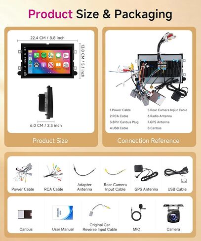 2G 64G Android Stereo Radio Carplay for Ford F150 F250 F350 Fusion Edge Explorer Taurus Freestar, Rimoody 7" Touch Screen Bluetooth GPS Navigation WiFi FM Radio + Backup Camera in Kuwait