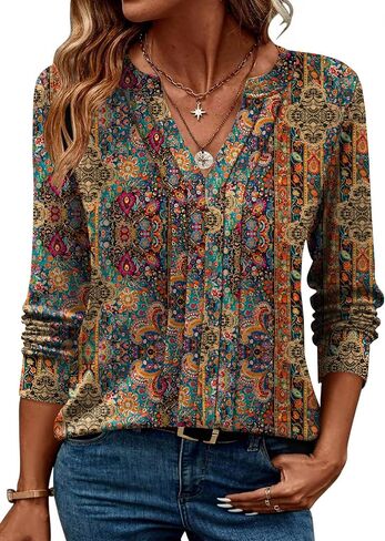 Zeagoo Womens Long Sleeve Tops Henley v Deck Dritts Plued Blouses Dary Disy Fall Lose Tunic Tops 2025 Basic Tees in Kuwait