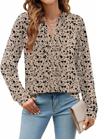 Zeagoo Womens Long Sleeve Tops Henley v Deck Dritts Plued Blouses Dary Disy Fall Lose Tunic Tops 2025 Basic Tees in Kuwait