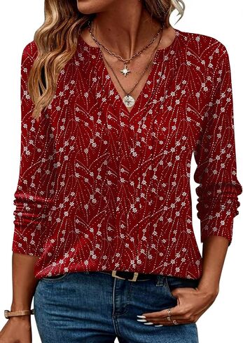 Zeagoo Womens Long Sleeve Tops Henley v Deck Dritts Plued Blouses Dary Disy Fall Lose Tunic Tops 2025 Basic Tees in Kuwait