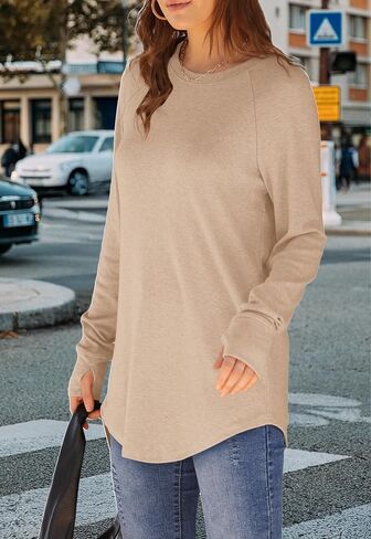 Womens Tunic Tops to Wear with Leggings Long Sleeve Thumb Hole Shirts Crew Neck Curved Hem in Saudi Arabia