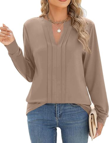 Zeagoo Womens Long Sleeve Tops Henley V Neck Shirts Pleated Blouses Dressy Casual Fall Loose Tunic Tops 2025 Basic Tees in Saudi Arabia