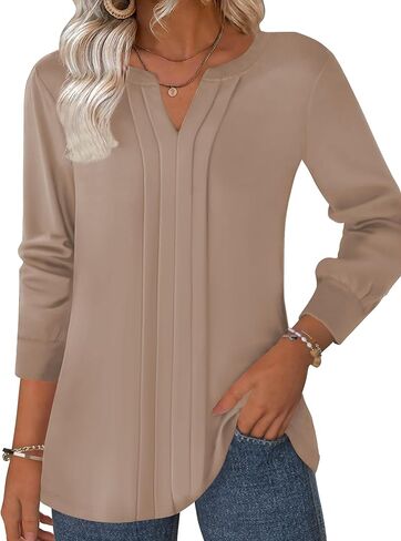 Zeagoo Womens Long Sleeve Tops Henley V Neck Shirts Pleated Blouses Dressy Casual Fall Loose Tunic Tops 2025 Basic Tees in Saudi Arabia