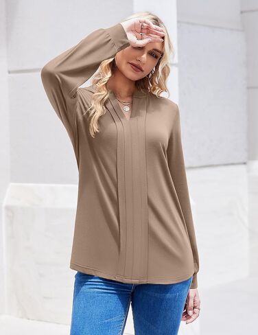 Zeagoo Womens Long Sleeve Tops Henley V Neck Shirts Pleated Blouses Dressy Casual Fall Loose Tunic Tops 2025 Basic Tees in Saudi Arabia