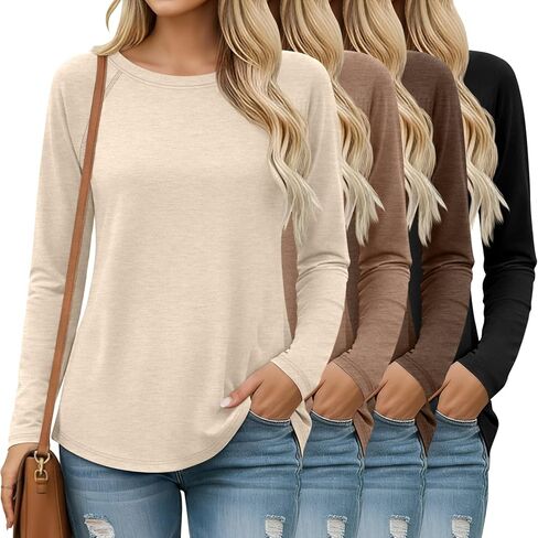 Huukeay 4 Pack Womens Long Sleeve Tirts ، Crew Neck Raglan Sleeve Tunic Tops Side Side Cotton Lase Lough Curved Hem in Saudi Arabia