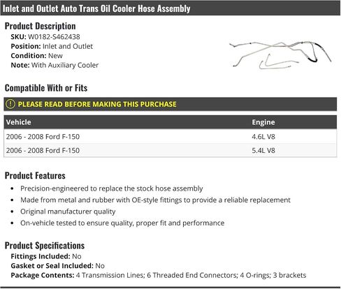 Inlet and Outlet Trans Oil Cooler Hose Assembly - Compatible with 2006-2008 Ford F150 in Saudi Arabia