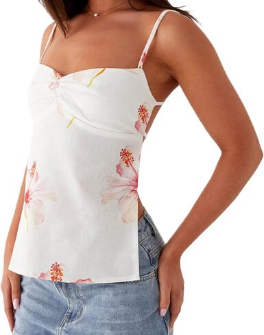 Y2K السباغيتي حزام المحاصيل القمم خمر الأزهار الجمالية كامي تانك القمم في سن المراهقة لطيف الصيف العصرية سكوب الرقبة الخروج القمم in Kuwait