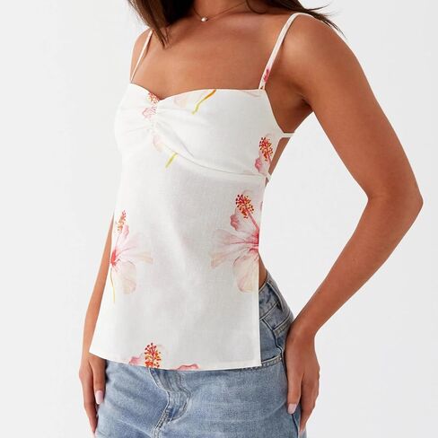 Y2K السباغيتي حزام المحاصيل القمم خمر الأزهار الجمالية كامي تانك القمم في سن المراهقة لطيف الصيف العصرية سكوب الرقبة الخروج القمم in Kuwait