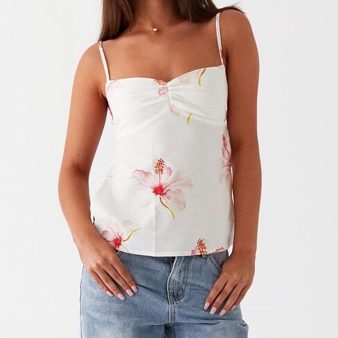 Y2K السباغيتي حزام المحاصيل القمم خمر الأزهار الجمالية كامي تانك القمم في سن المراهقة لطيف الصيف العصرية سكوب الرقبة الخروج القمم in Kuwait