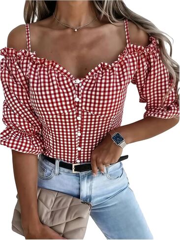 GORGLITTER Women's Gingham Off The Shoulder Blouse Plaid Ruffle Button Up Puff Sleeve Crop Tops in Saudi Arabia