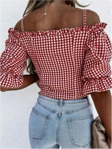 GORGLITTER Women's Gingham Off The Shoulder Blouse Plaid Ruffle Button Up Puff Sleeve Crop Tops in Saudi Arabia