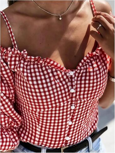 GORGLITTER Women's Gingham Off The Shoulder Blouse Plaid Ruffle Button Up Puff Sleeve Crop Tops in Saudi Arabia