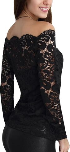 DJT Womens Off the Counder Tops Sexy Floral Lace Long Slive Slim Fit Terts Dary Disual Party Clubwear Outfits in Kuwait