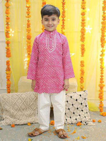 Kids Cotton Leheriya Print Kurta Pajama Set, Traditional Indian Wear in Kuwait