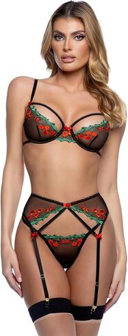 Roma Costume Sexy Garter Belt Lingerie Set: Cherry Delight Strappy 3 Piece Mesh & Lace Bra and Panties Lingerie Garter Set in Saudi Arabia