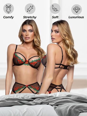 Roma Costume Sexy Garter Belt Lingerie Set: Cherry Delight Strappy 3 Piece Mesh & Lace Bra and Panties Lingerie Garter Set in Saudi Arabia