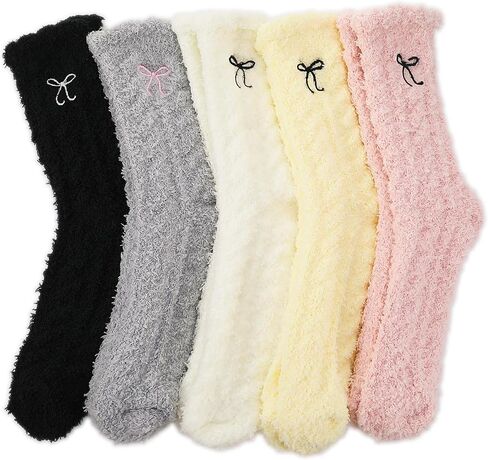 Jspupifip 5 Pairs Women Bow Fuzzy Socks Cozy Fluffy Winter Warm Slipper Socks Thermal Plush Home Sleeping Socks US Size 5-7 in Saudi Arabia