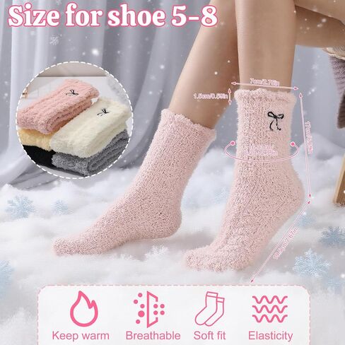 Jspupifip 5 Pairs Women Bow Fuzzy Socks Cozy Fluffy Winter Warm Slipper Socks Thermal Plush Home Sleeping Socks US Size 5-7 in Saudi Arabia